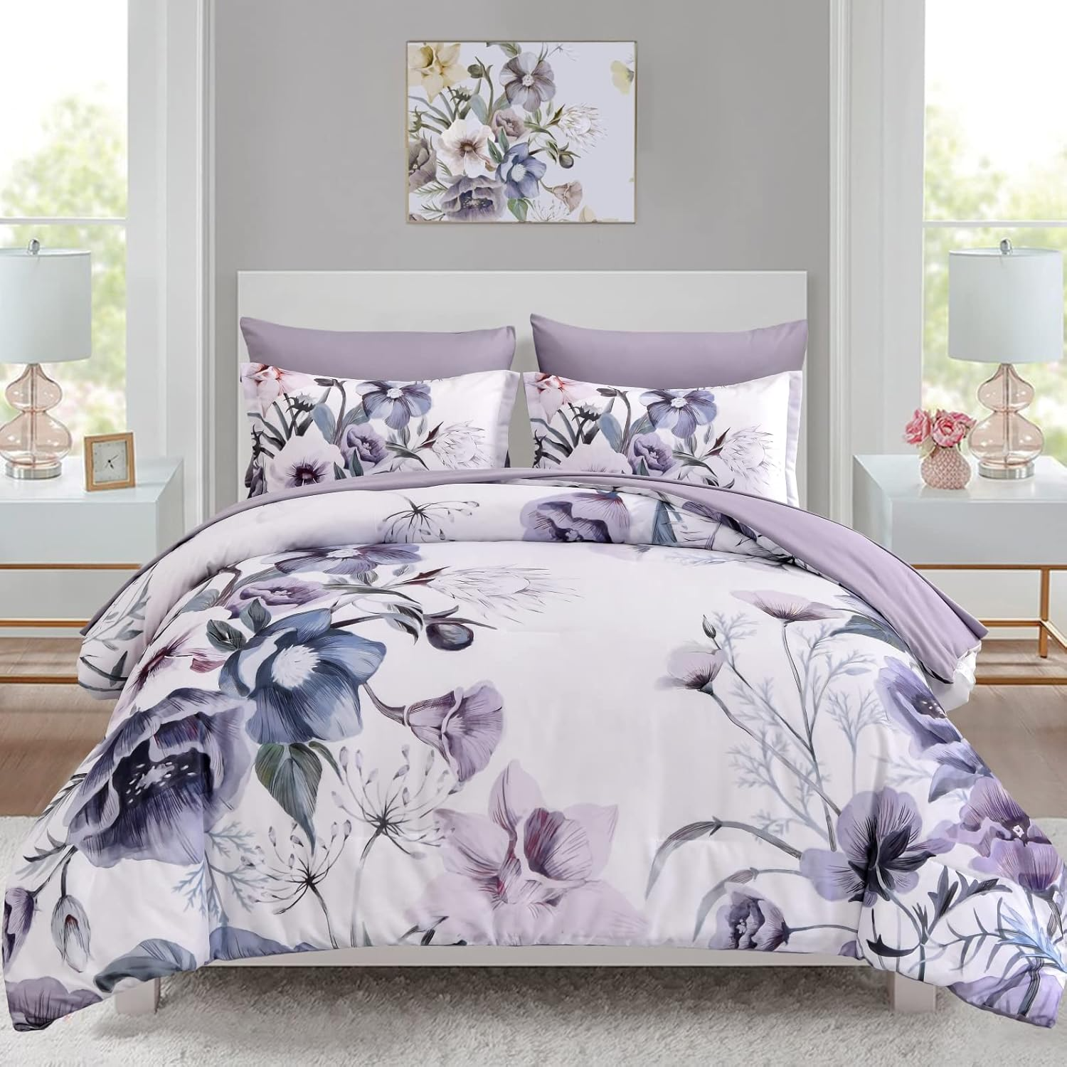 Luxudecor Floral Comforter Set Queen Size 7 Piece