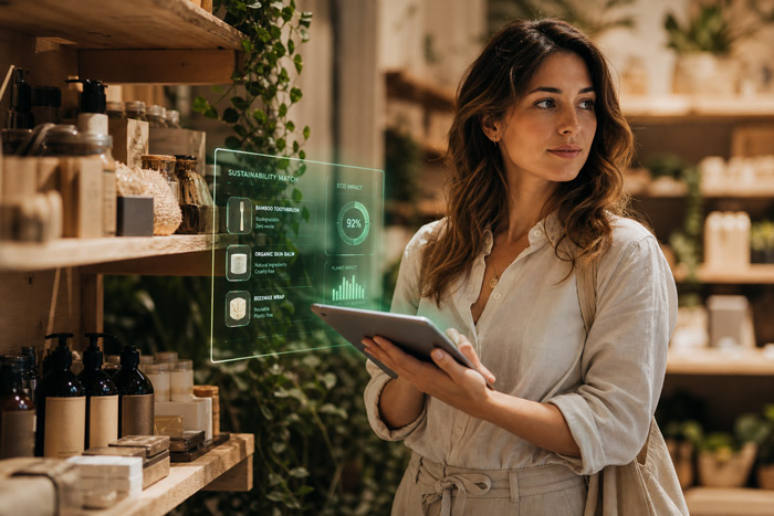 Person engaging with modern minimal technology in a soft green environment