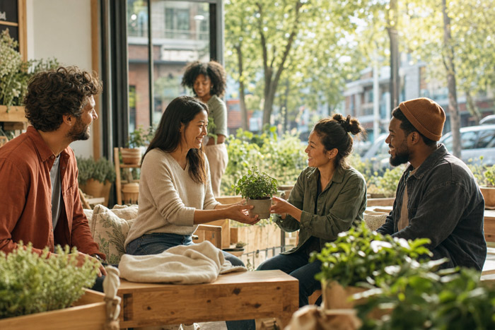 Diverse group collaborating in a warm modern community space
