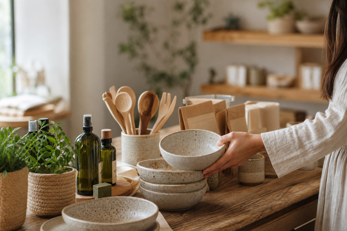 Hands browsing sustainable handmade products